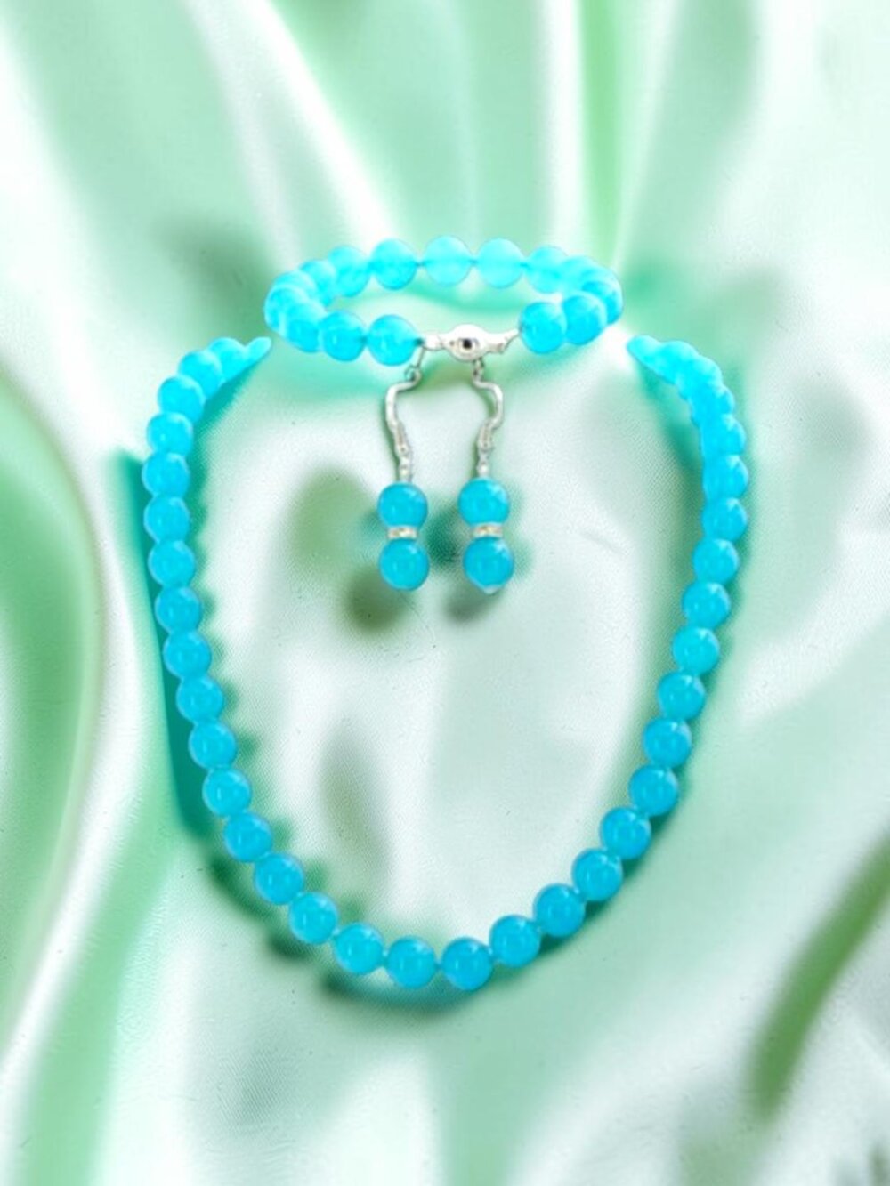Natural 10mm Blue Topaz Beads Necklace (18"), Bracelet (7.5") Earrings (.75")